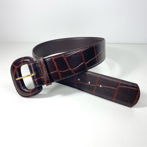Classic Cognac Chocolate Brown Wide Leather Croco Embossed Dress Casual Belt M - Picture 1 of 11